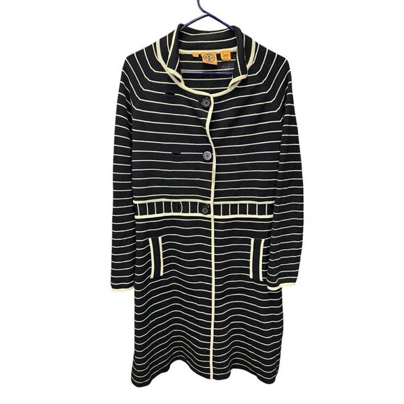 Tory Burch 100% Wool Knit Stripe Sweater Dress Black Cream L Long Sleeve - Picture 3 of 12